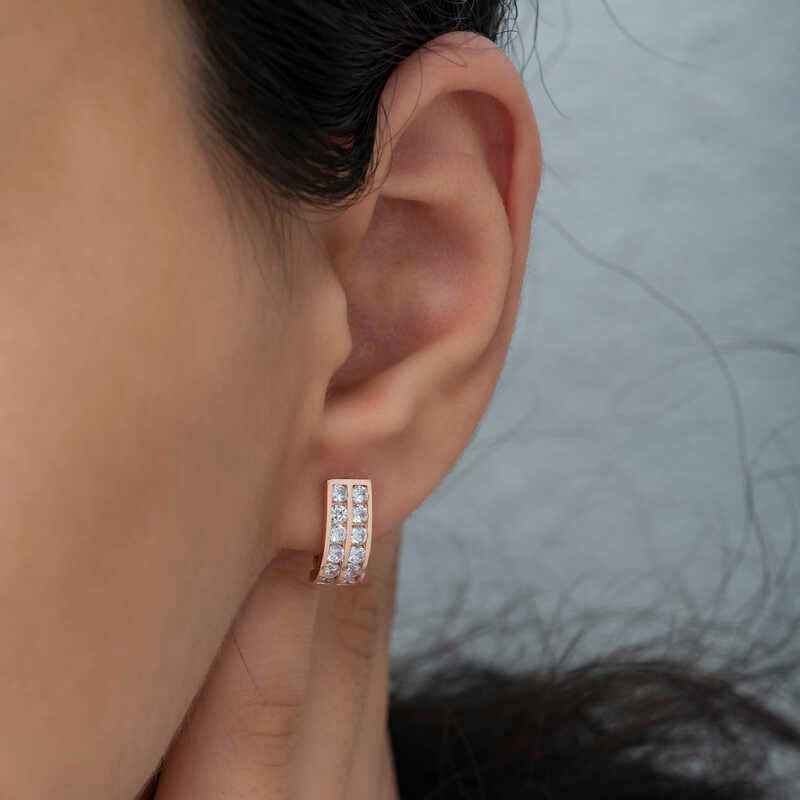 Double Row White Stone J Women's Rose Plated Silver Earrings