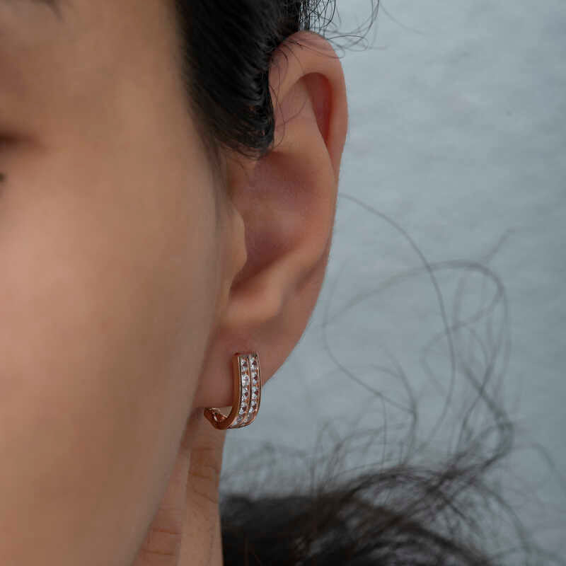 Boucles d'oreilles femme en argent plaqué rose avec pierres blanches à double rangée J