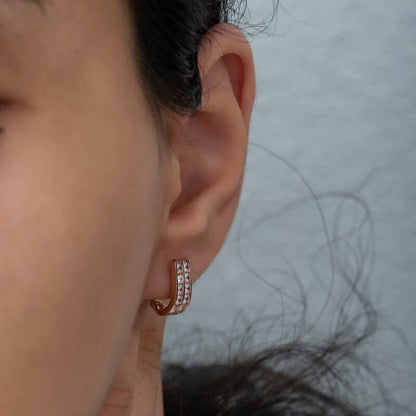 Boucles d'oreilles femme en argent plaqué rose avec pierres blanches à double rangée J