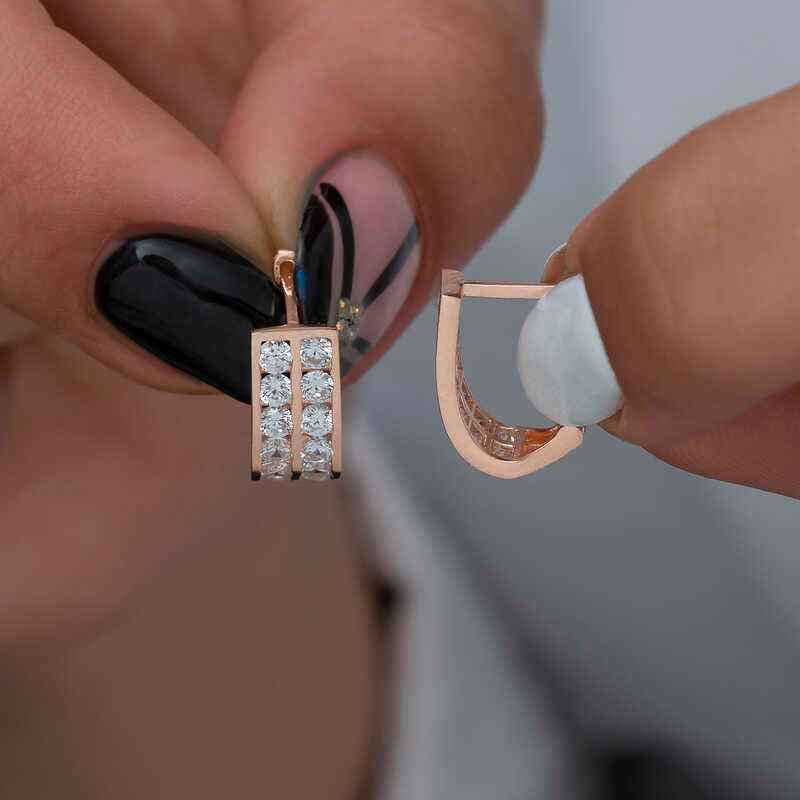 Double Row White Stone J Women's Rose Plated Silver Earrings