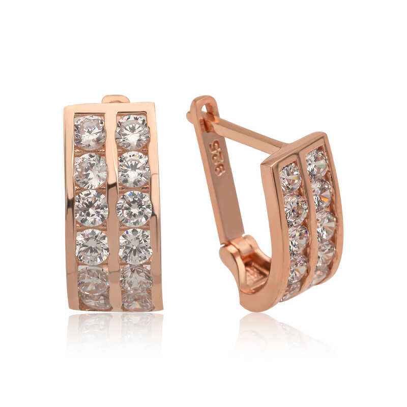 Double Row White Stone J Women's Rose Plated Silver Earrings