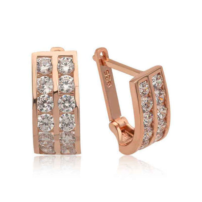 Double Row White Stone J Women's Rose Plated Silver Earrings