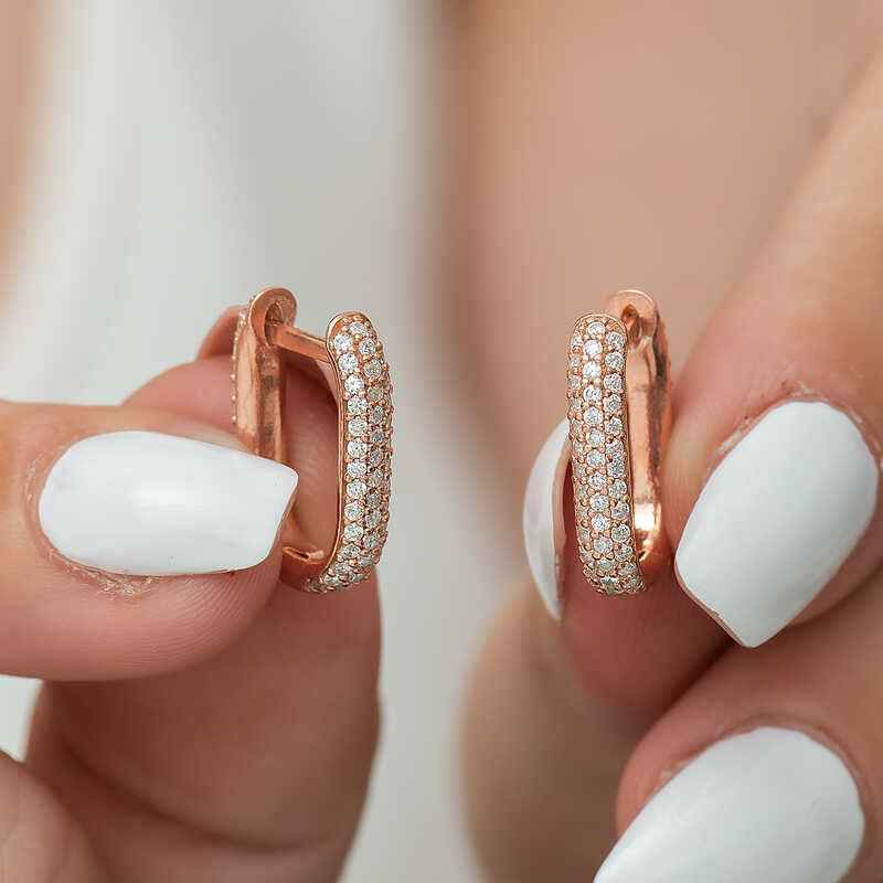 Double-Sided White Stone J Women's Rose Gold Plated Silver Earrings