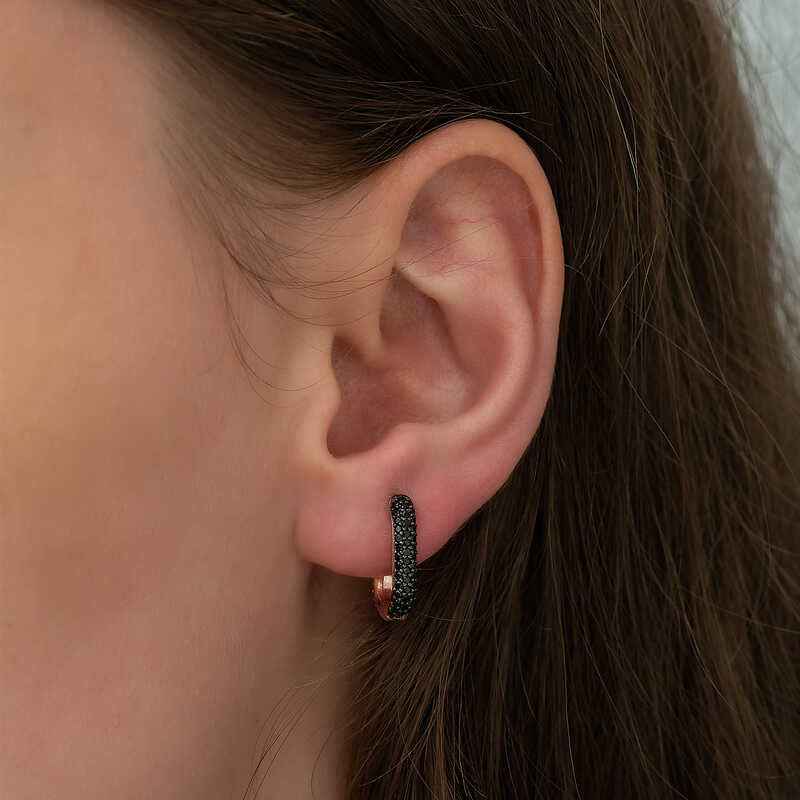 Double-Sided Black Stone J Women's Rose Plated Silver Earrings
