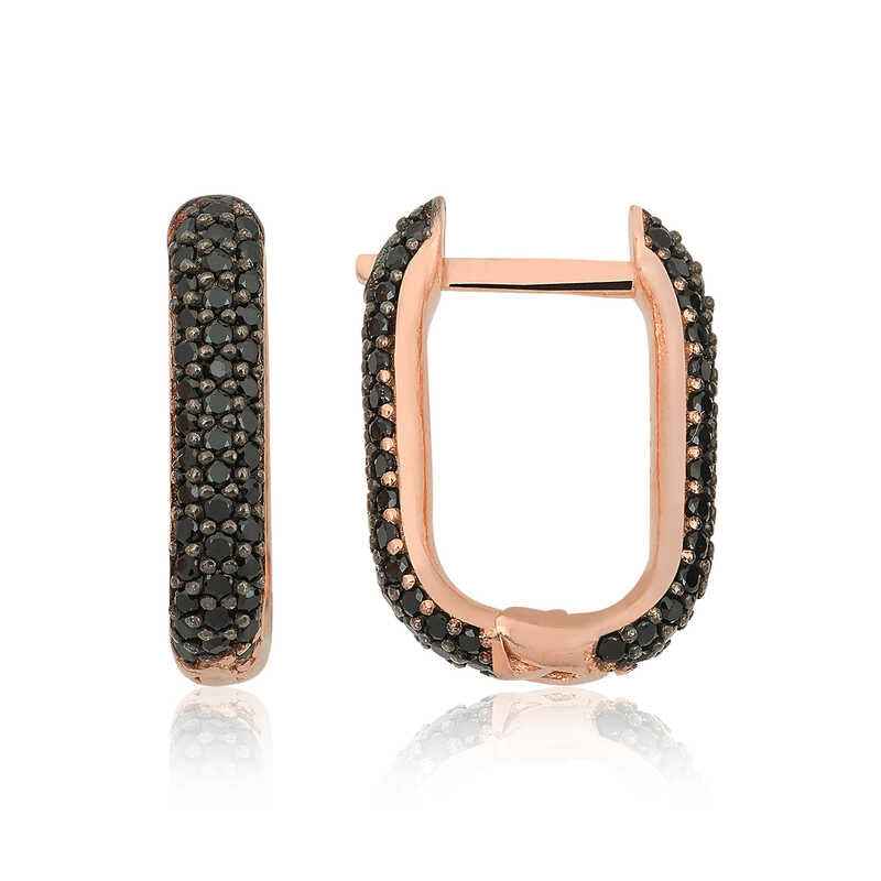 Double-Sided Black Stone J Women's Rose Plated Silver Earrings