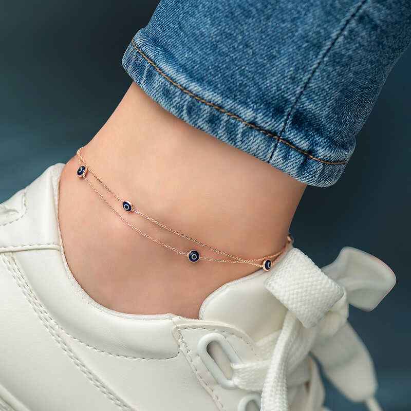 Rose Plated Double Chain Evil Eye Silver Anklet
