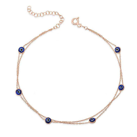 Rose Plated Double Chain Evil Eye Women's Silver Bracelet