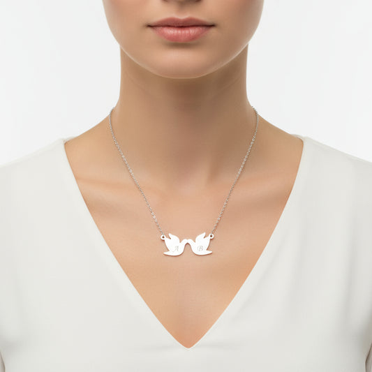 Double Doves Letter Engraved Silver Necklace