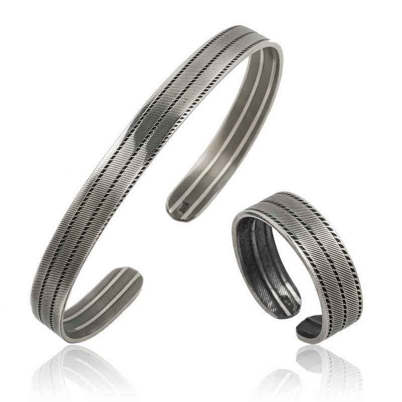 Line Pattern Silver Bracelet and Ring Set