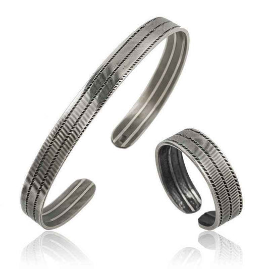Line Pattern Silver Bracelet and Ring Set
