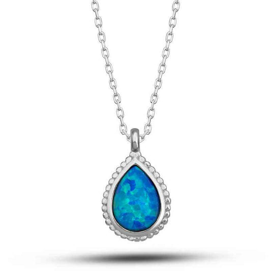 Drop Blue Opal Stone Women's Silver Pendant