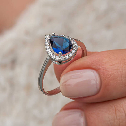 Drop Sapphire Stone Women's Silver Ring