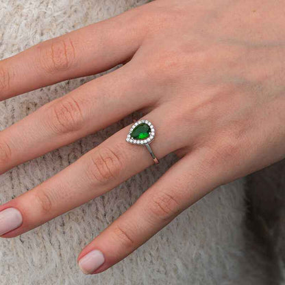 Drop Emerald Stone Women's Silver Ring