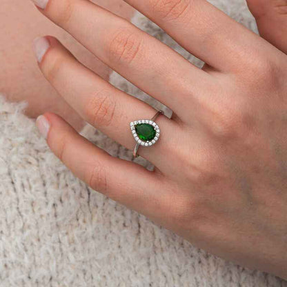 Drop Emerald Stone Women's Silver Ring