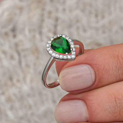Drop Emerald Stone Women's Silver Ring