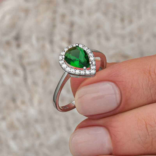 Drop Emerald Stone Women's Silver Ring