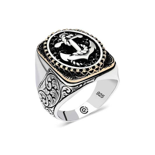 Bague ovale en argent pour homme avec ancre marine