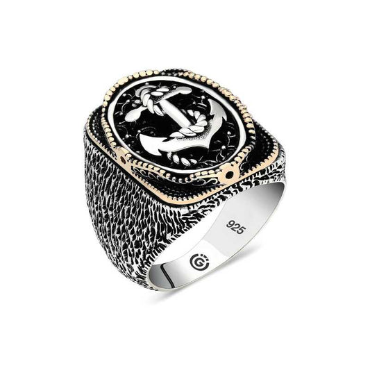 Bague ovale en argent pour homme avec ancre marine