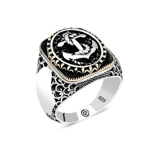 Bague ovale en argent pour homme avec ancre marine