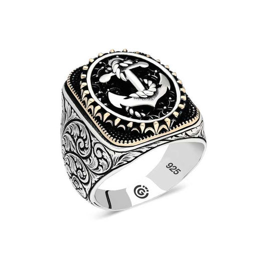 Bague ovale en argent pour homme avec ancre marine