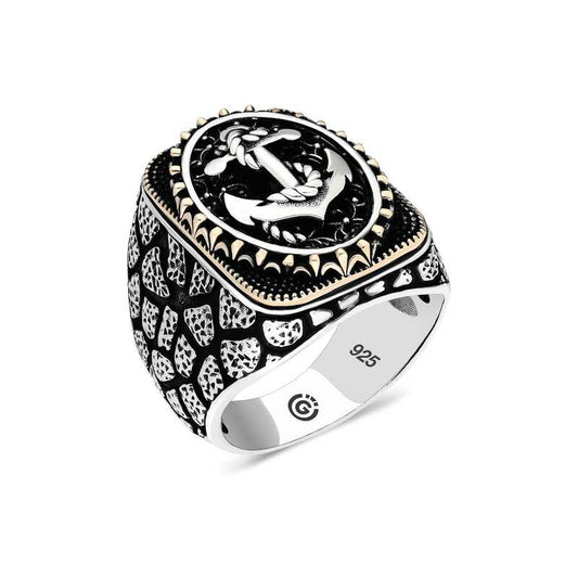 Bague ovale en argent pour homme avec ancre marine