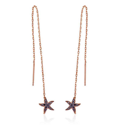 Black Stone Starfish Chain Silver Earrings