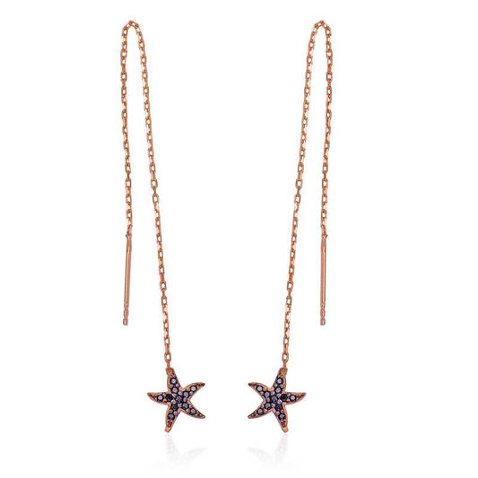 Black Stone Starfish Chain Silver Earrings