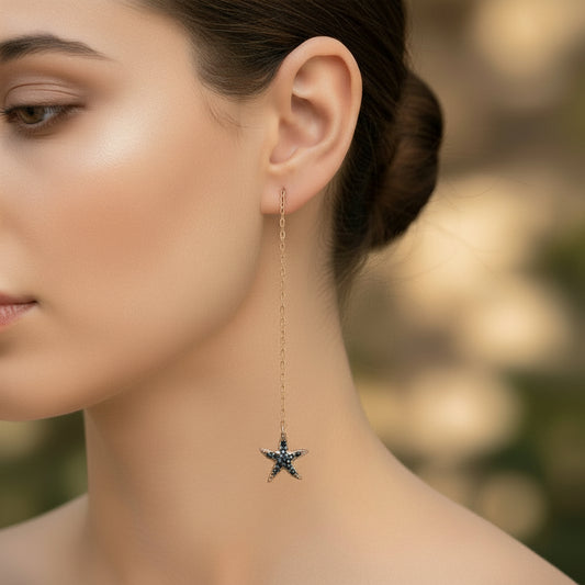 Black Stone Starfish Chain Silver Earrings