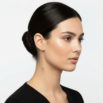 Black Stone Starfish Chain Silver Earrings