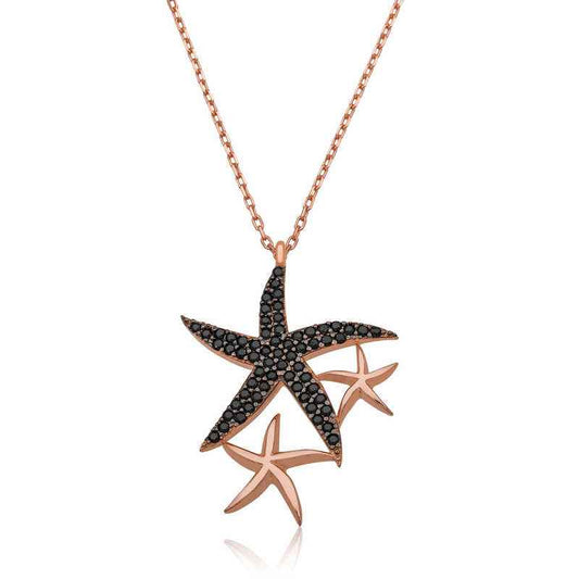 Black Stone Starfish Women's Rose Gold Plated Silver Necklace