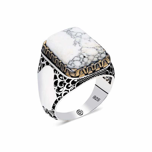 White Howlite Stone Square Men's Silver Ring