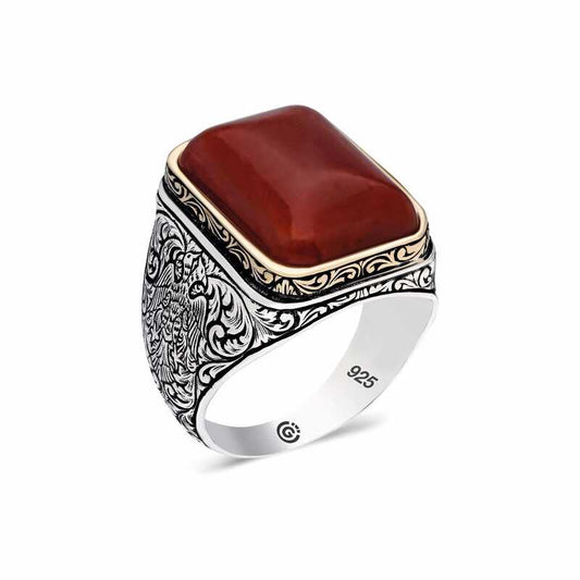 Red Zircon Stone Patterned Square Men's Silver Ring