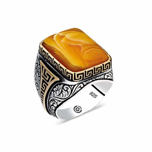 Patterned Orange Pressed Amber Square Men's Silver Ring