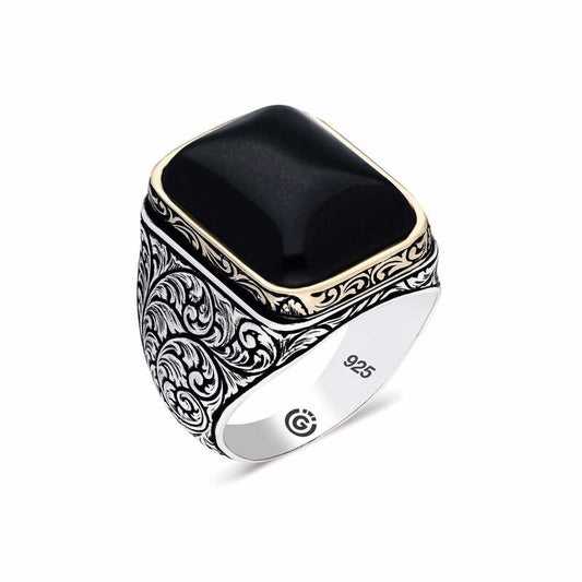 Black Zircon Stone Patterned Square Men's Silver Ring