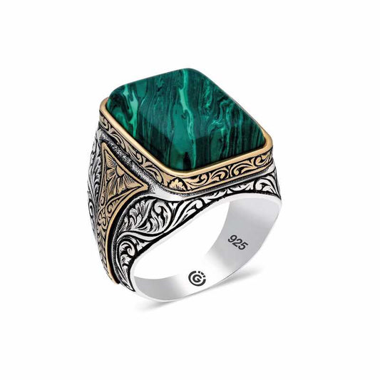 Patterned Malachite Stone Square Men's Silver Ring