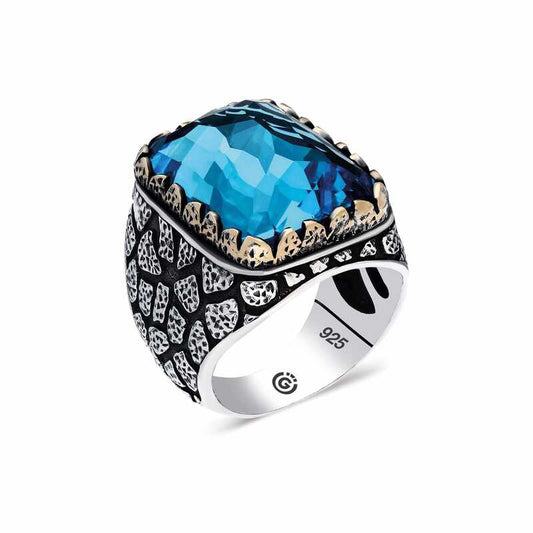 Blue Zircon Patterned Square Men's Silver Ring