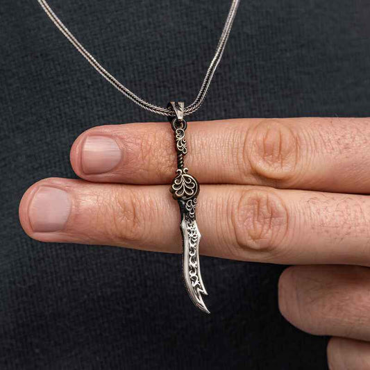Patterned Zulfiqar Sword Men's Silver Necklace