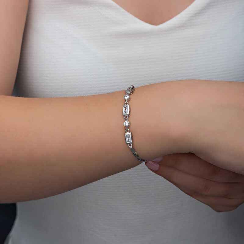 Rectangle Zircon Stone Women's Silver Bracelet