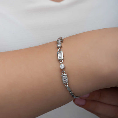 Rectangle Zircon Stone Women's Silver Bracelet