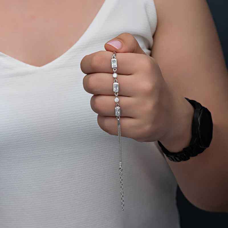 Rectangle Zircon Stone Women's Silver Bracelet