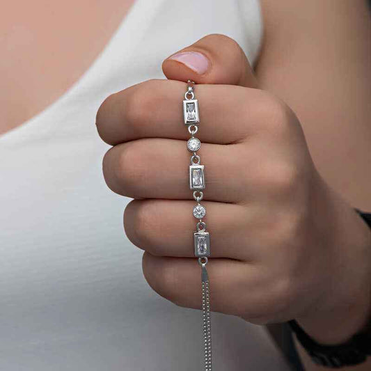 Rectangle Zircon Stone Women's Silver Bracelet