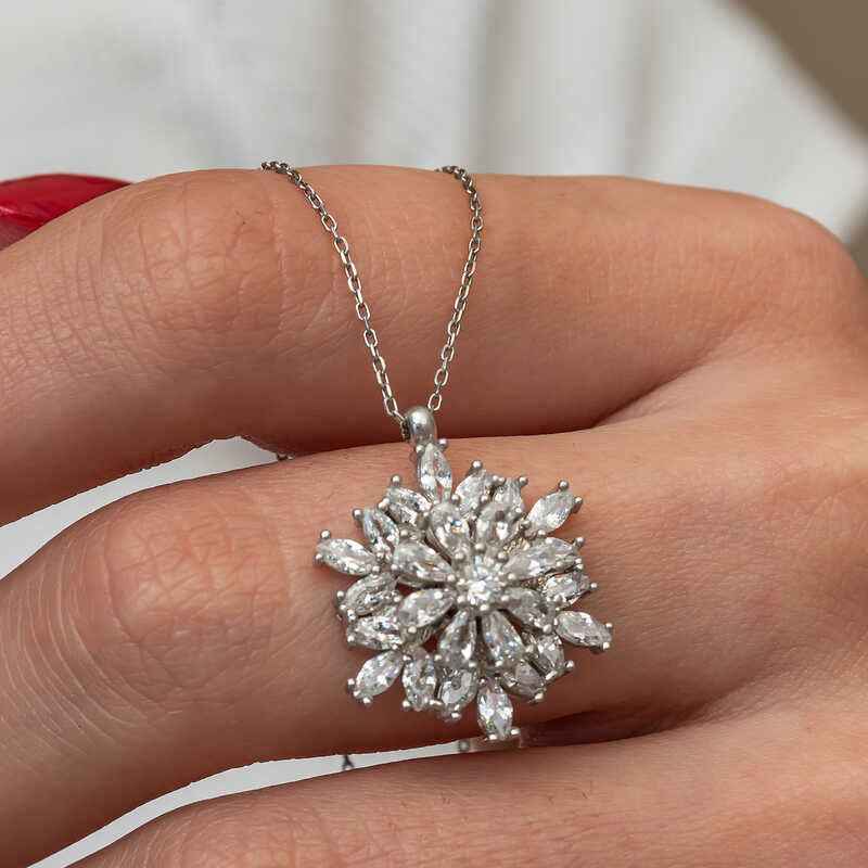 Rotating Snowflake Lotus Flower Silver Pendant