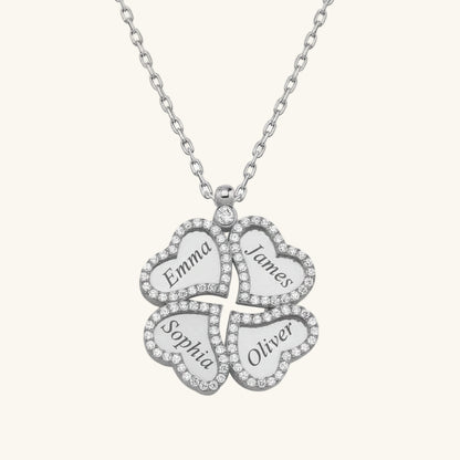 Name Engraved Heart Clover Women's Silver Necklace