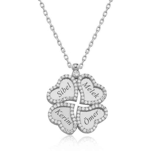 Name Engraved Heart Clover Women's Silver Necklace