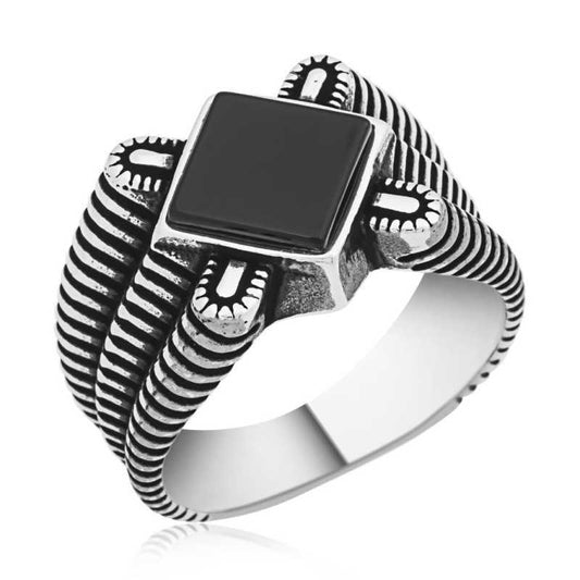 Black Stone Men's Silver Ring