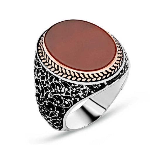 Flat Agate Stone Men's Silver Ring