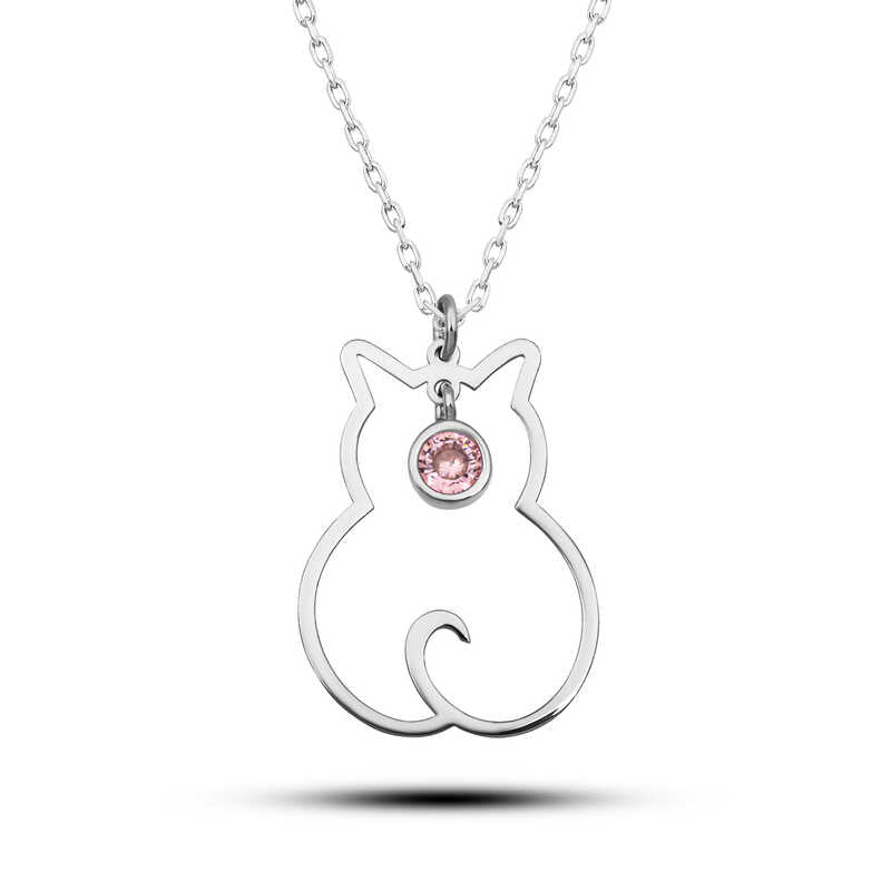 Collier en argent pour femme avec pierre de naissance d'octobre et chat