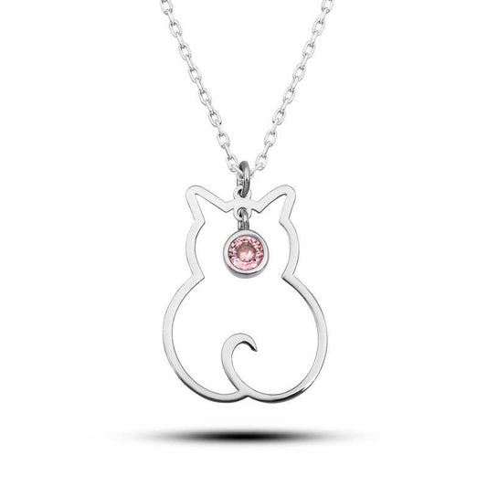 Collier en argent pour femme avec pierre de naissance d'octobre et chat