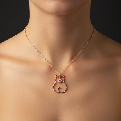 Collier en argent pour femme avec pierre de naissance d'octobre et chat