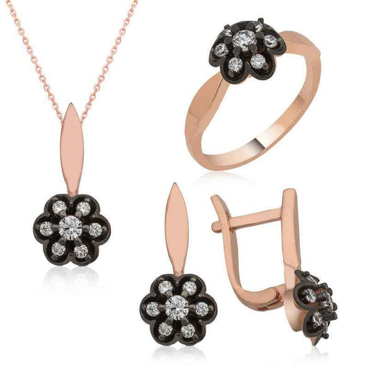 Diamond Mount Flower Women's Rose Plated Silver Set
